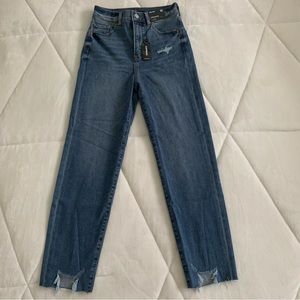 {Express} Medium Wash Mom Jeans Super High Rise Distressed Hem | 00